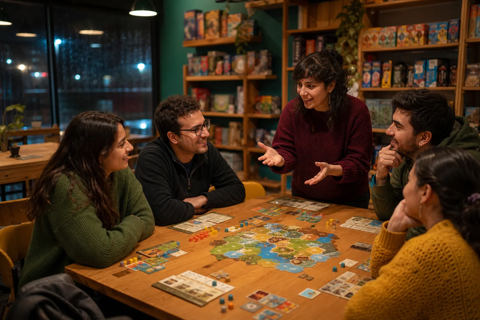 Personas compartiendo una mesa guiada de juegos